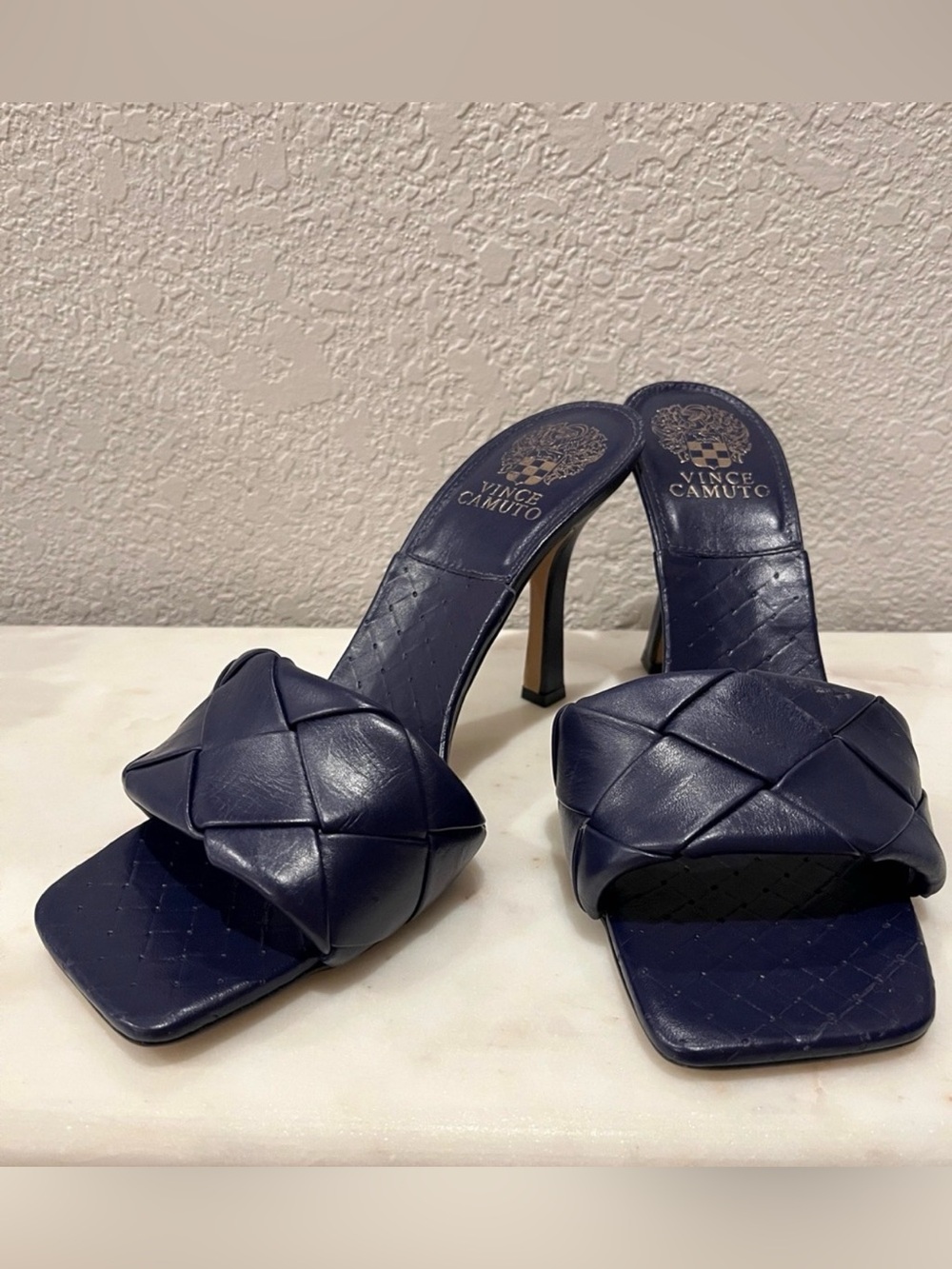 Vince Camuto Navy Braided Leather Mule Heels